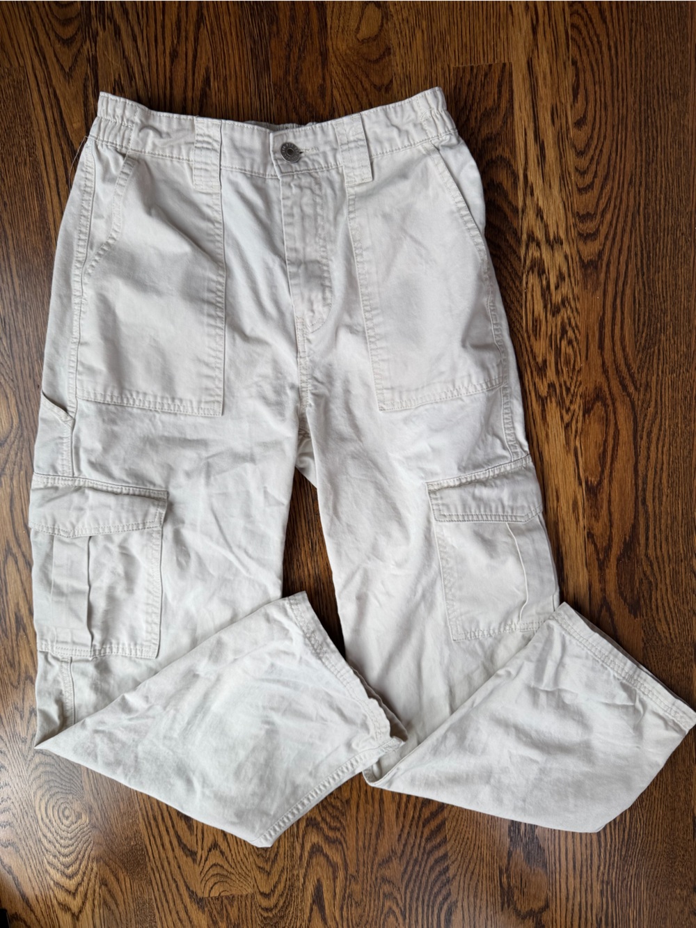 Women’s Cream Cotton Relaxed Casual Wide Legged Neutral Cargo Pants